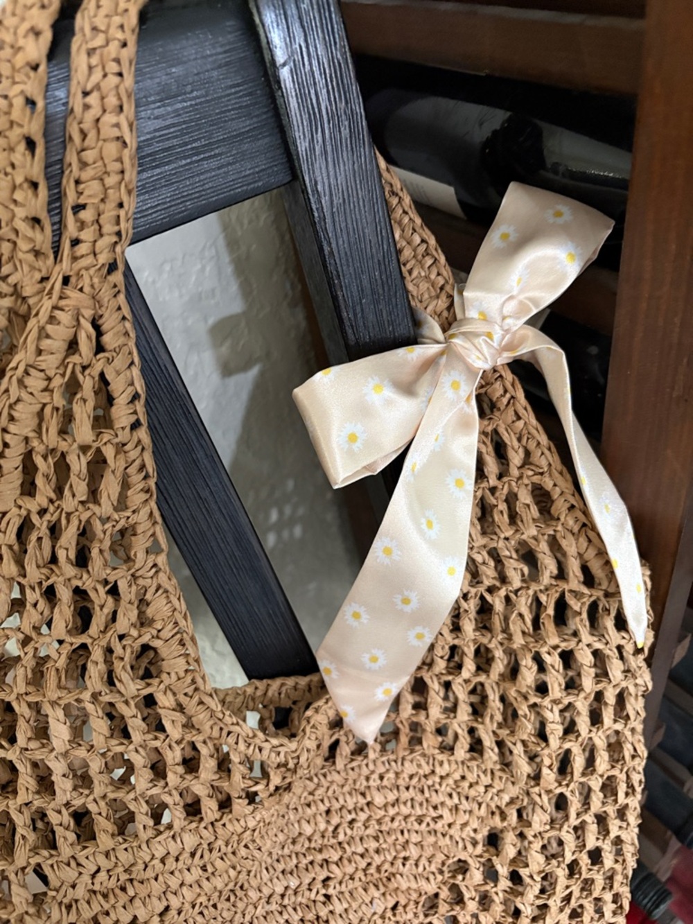 Raffia resort vacation Market Tote Bag with Ribbon Accent - Picture 2 of 3